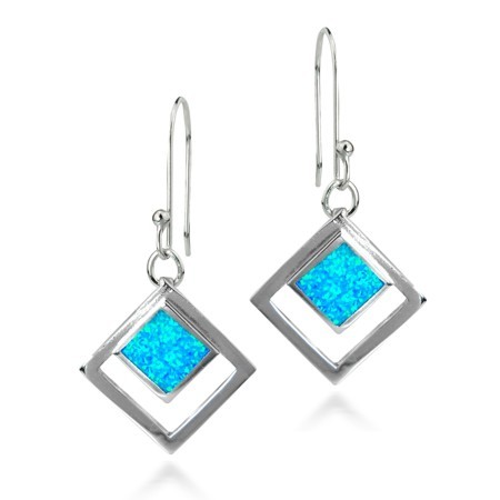 Blue Opal Sterling Silver Diamond Shaped Dangle - Click Image to Close
